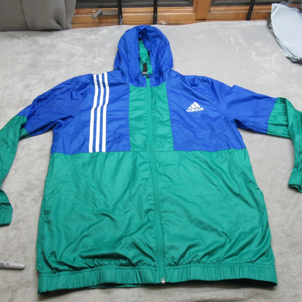 Adidas Jacket Mens Large Green Blue Hood Water Resistant Windbreaker Light Pack